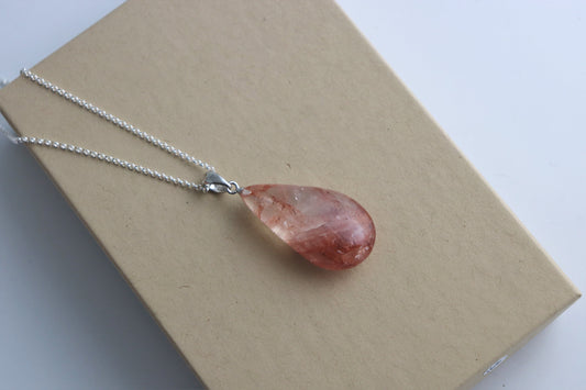 179) Hematoid Quartz Crystal Necklace Pendant + Silver Chain