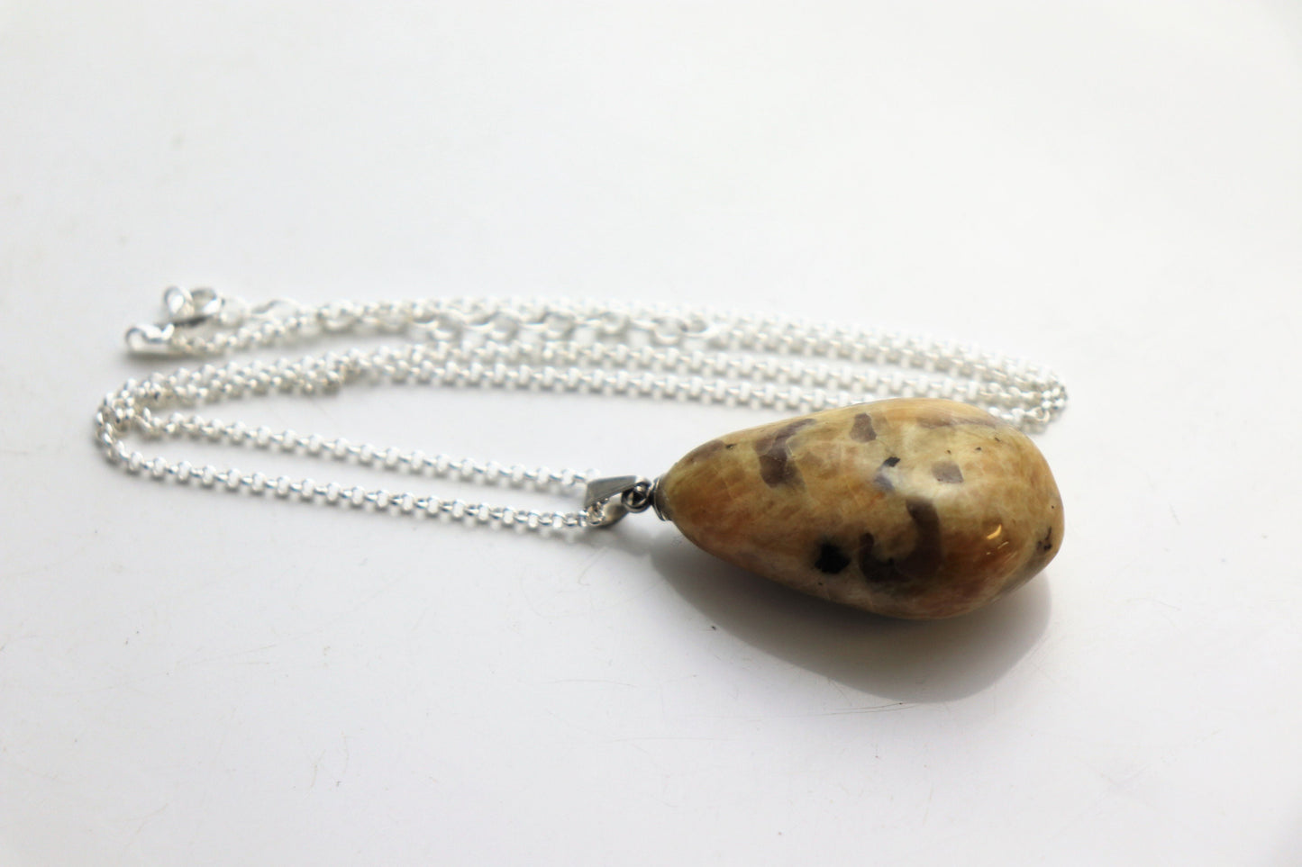 164) Honey Moonstone Zedbradorite Crystal Necklace Pendant + Silver Chain