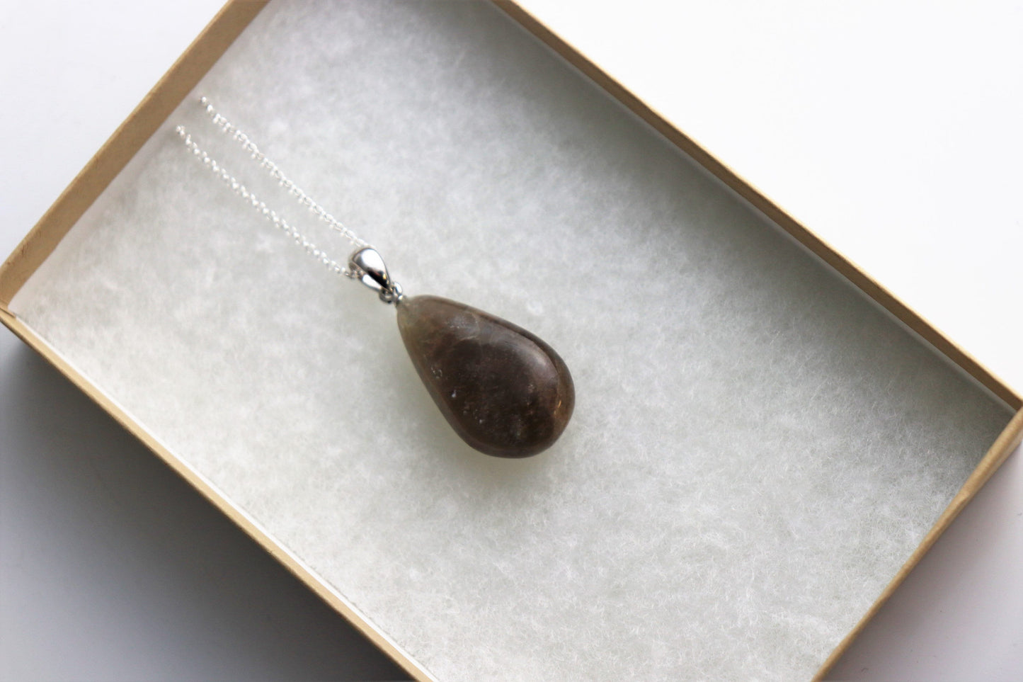 166) Black Moonstone Crystal Necklace Pendant + Silver Chain