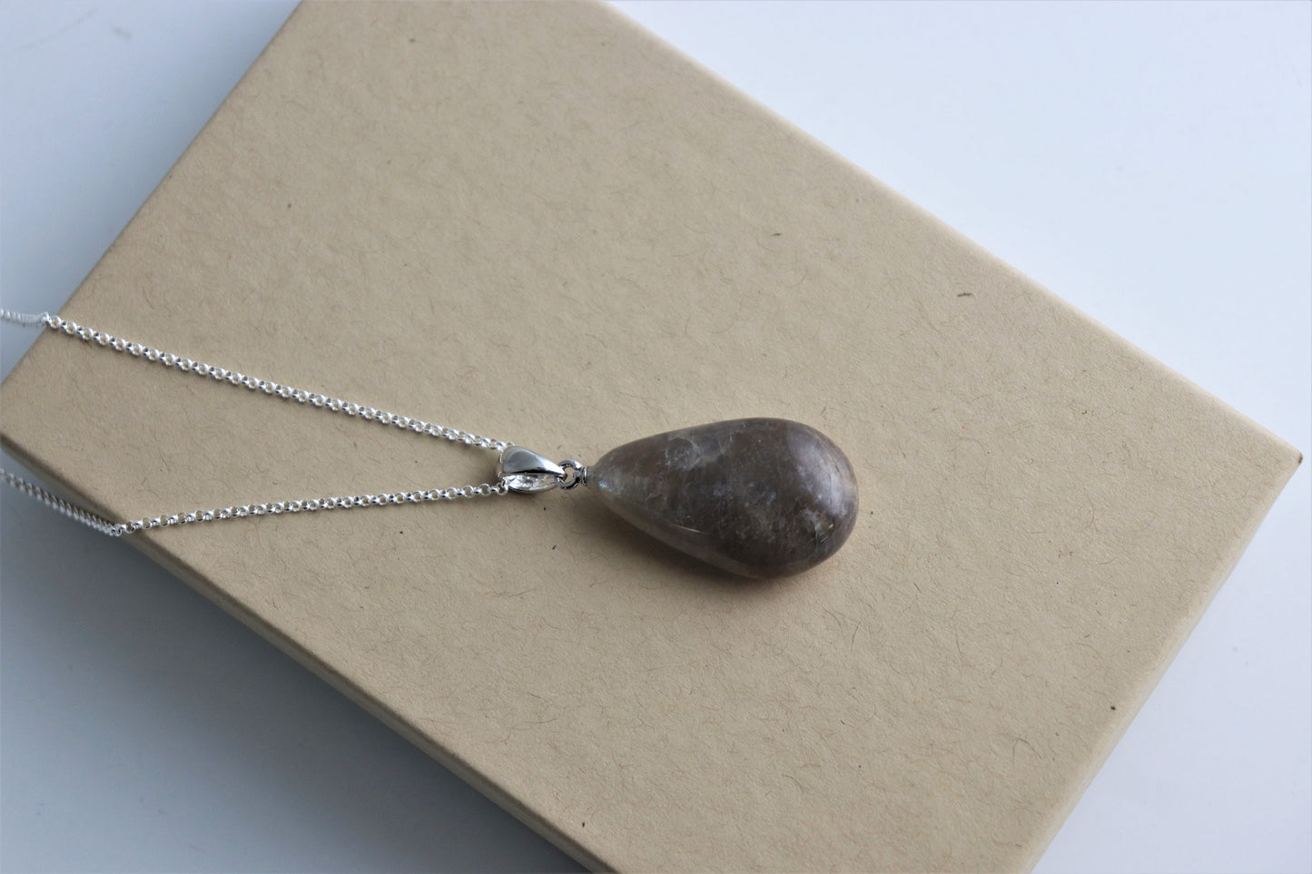 166) Black Moonstone Crystal Necklace Pendant + Silver Chain