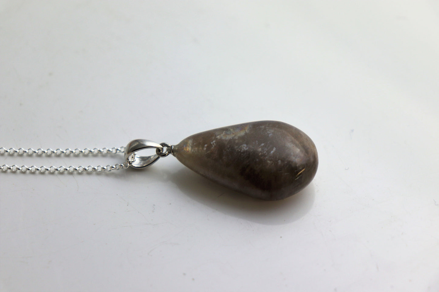 166) Black Moonstone Crystal Necklace Pendant + Silver Chain