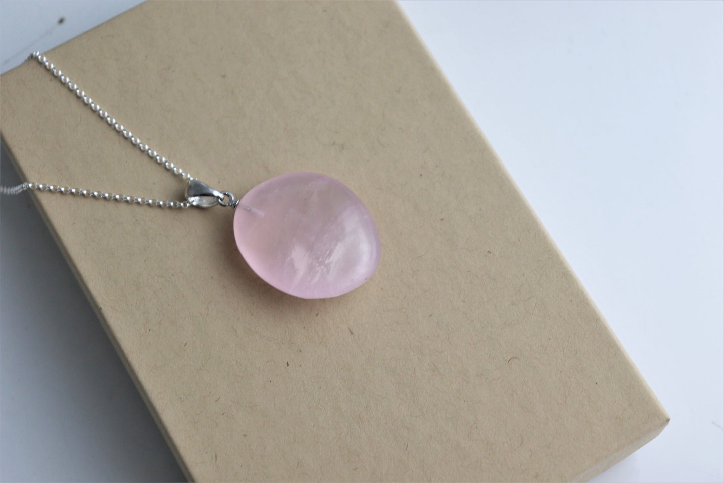 175) Rose Quartz Crystal Necklace Pendant + Silver Chain