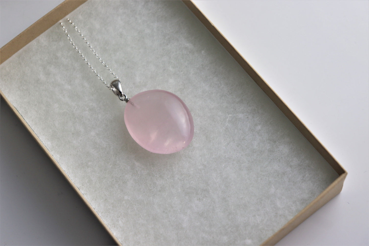 175) Rose Quartz Crystal Necklace Pendant + Silver Chain