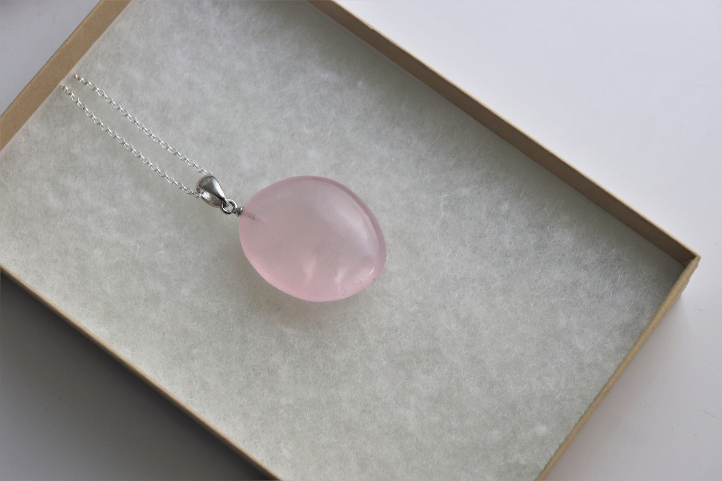 175) Rose Quartz Crystal Necklace Pendant + Silver Chain