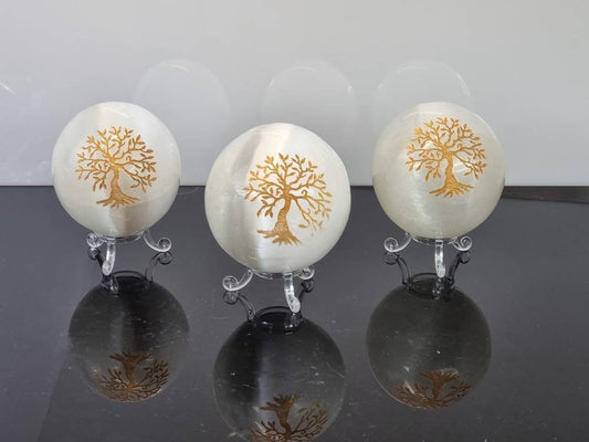 Selenite Crystal Sphere Gold Tree Of Life with Crystal Sphere Stand