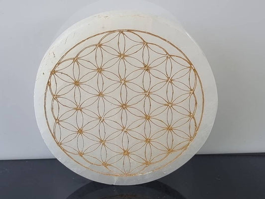 Gold Flower of Life Selenite Crystal Grid Charging Plate Disc Circle 