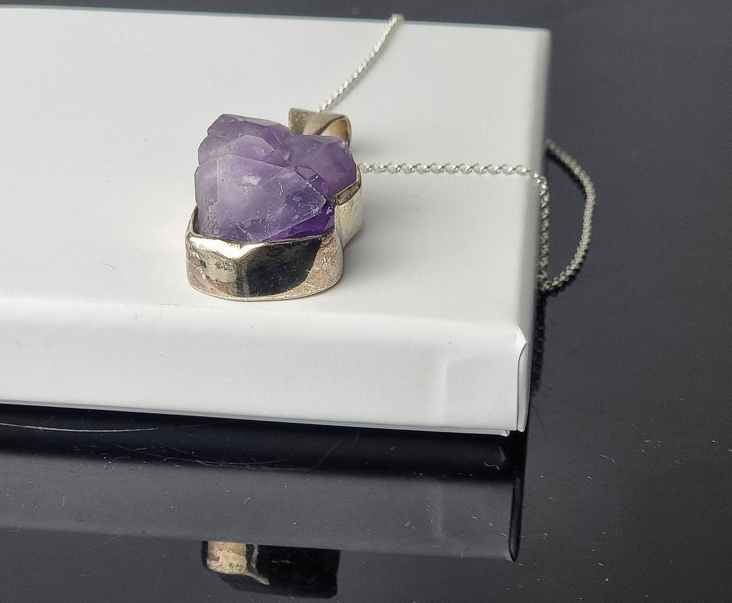 160) Large Amethyst Crystal Necklace 925 Silver