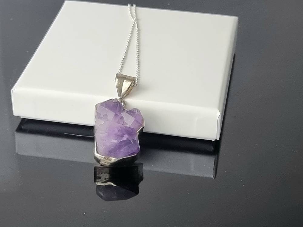 160) Large Amethyst Crystal Necklace 925 Silver