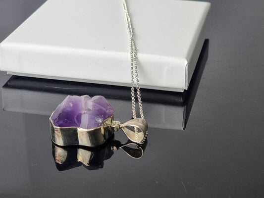 160) Large Amethyst Crystal Necklace 925 Silver