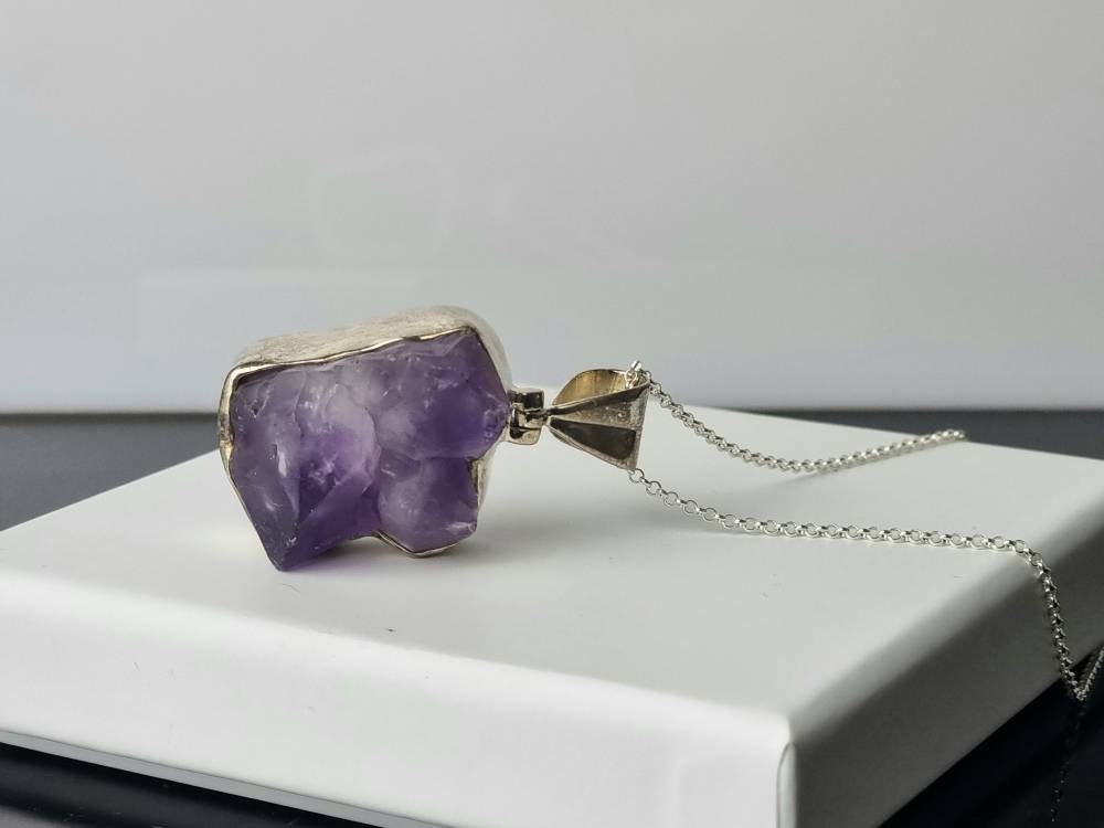 160) Large Amethyst Crystal Necklace 925 Silver