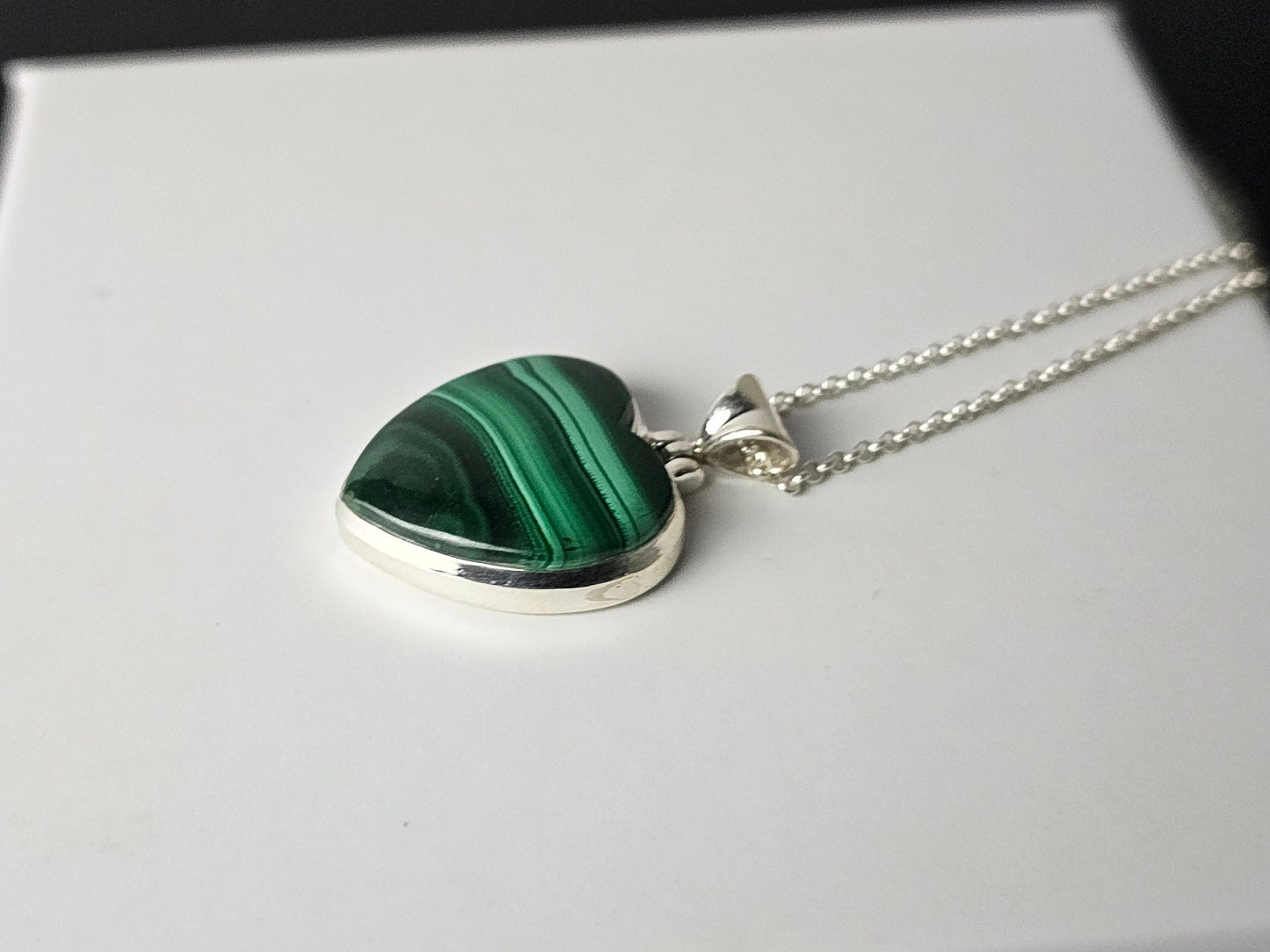 344) Malachite Crystal Heart  Necklace 925 Silver