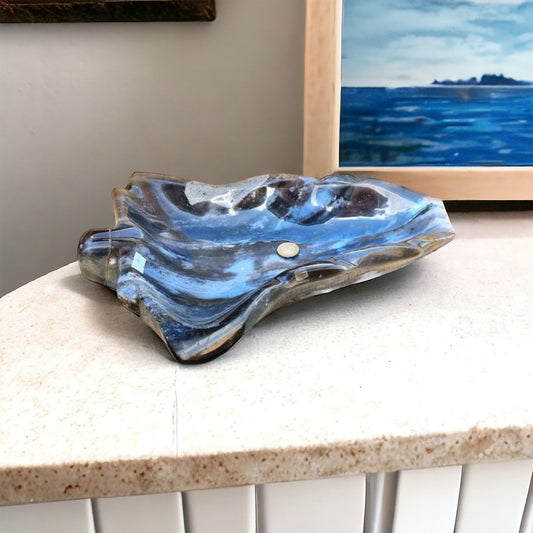 Artisanal Large Ocean Jasper Crystal Leaf Bowl Blue