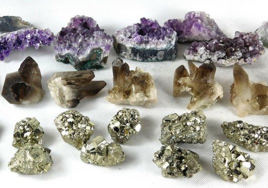 Mixed crystal set - pyrite - smoky quartz - amethyst