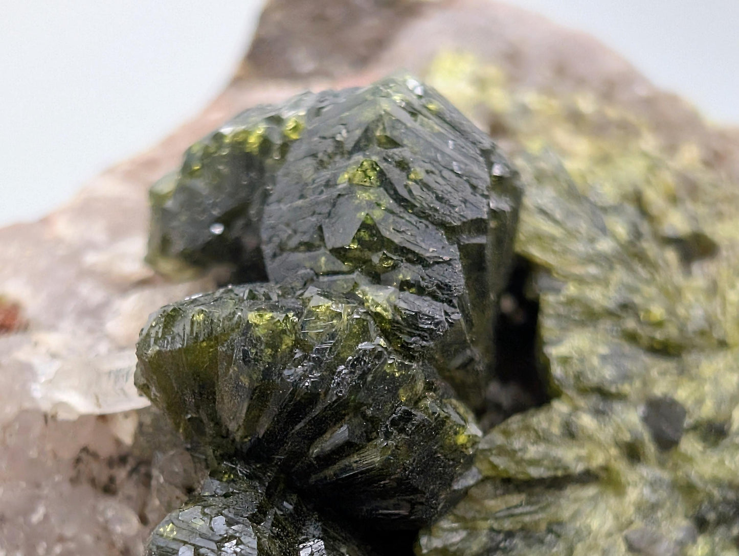 Forest Epidote On Quartz Crystal Fine Mineral (#9)