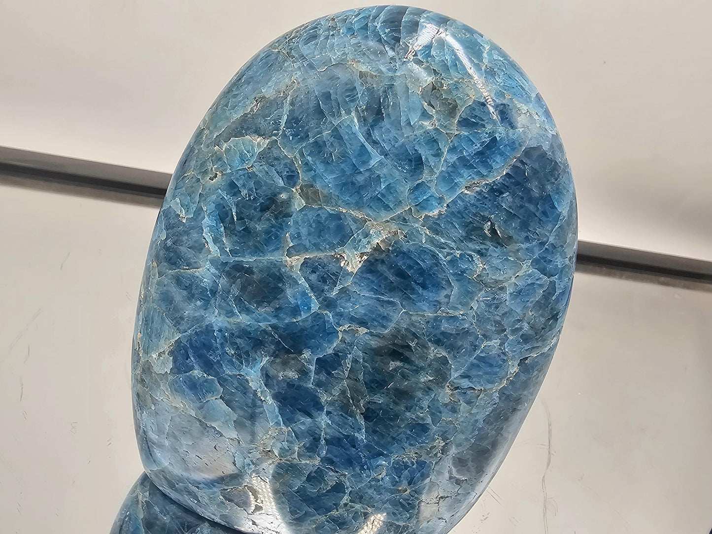 Polished Blue Apatite freeform crystal perfect for interior decor or collections.
