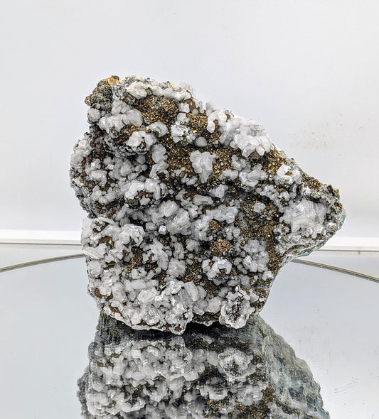 Exceptional chalcopyrite and calcite on fluorite crystal specimen