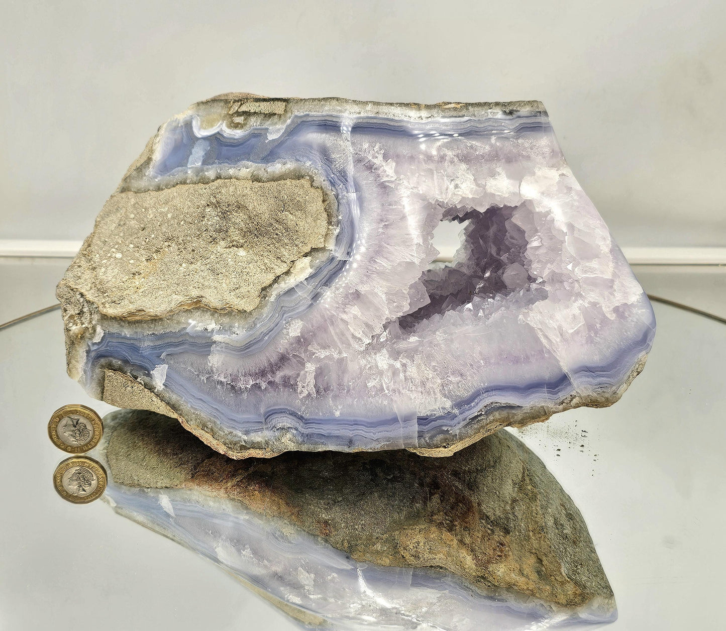 Premium blue large agate geode with unique crystal formation