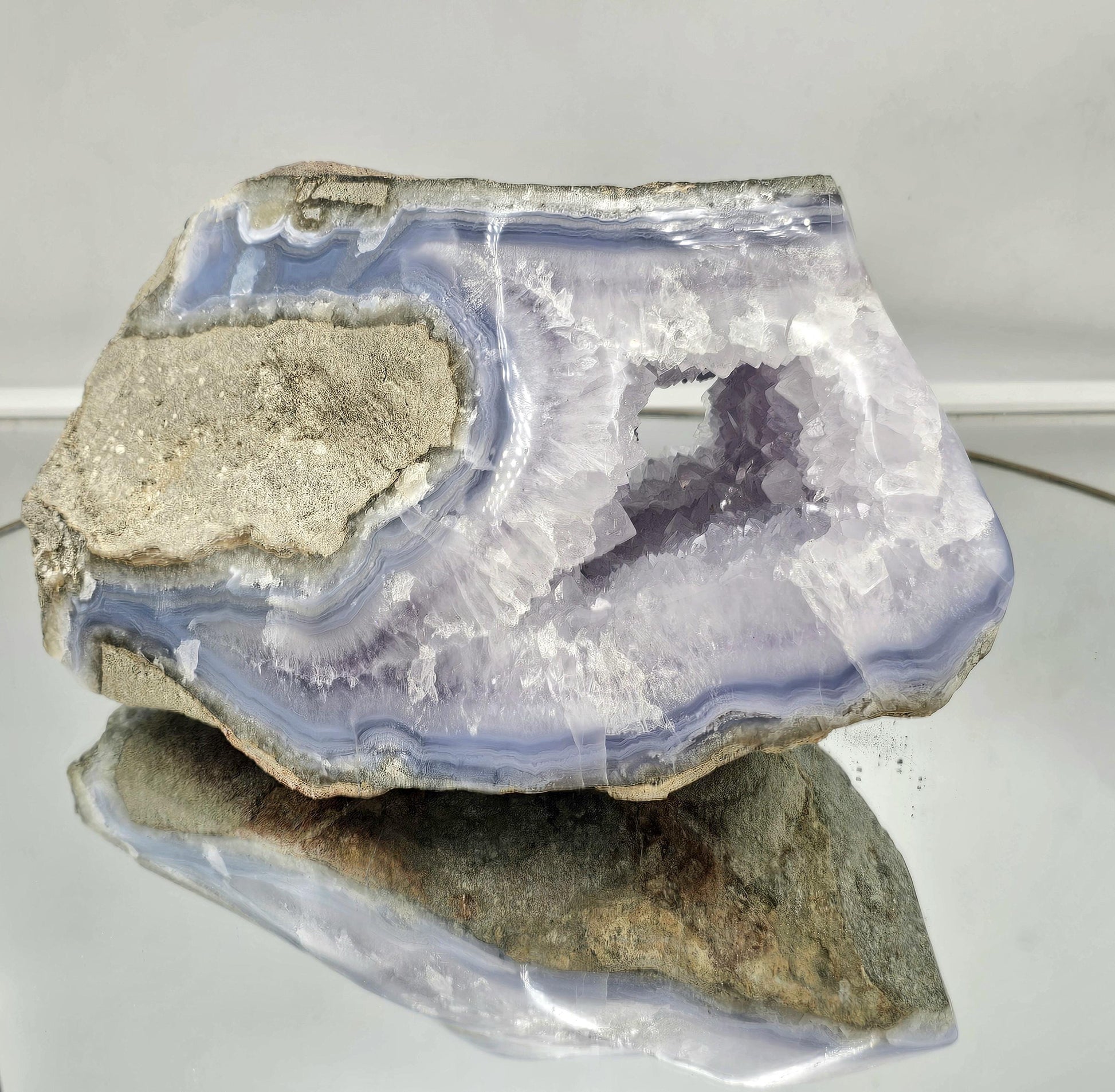 Exceptional large blue agate geode with natural banding