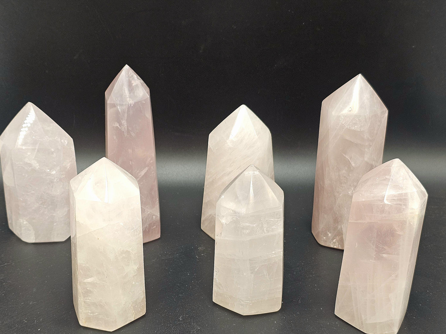 Hand-carved small Rose Quartz tower, a perfect collectible.
