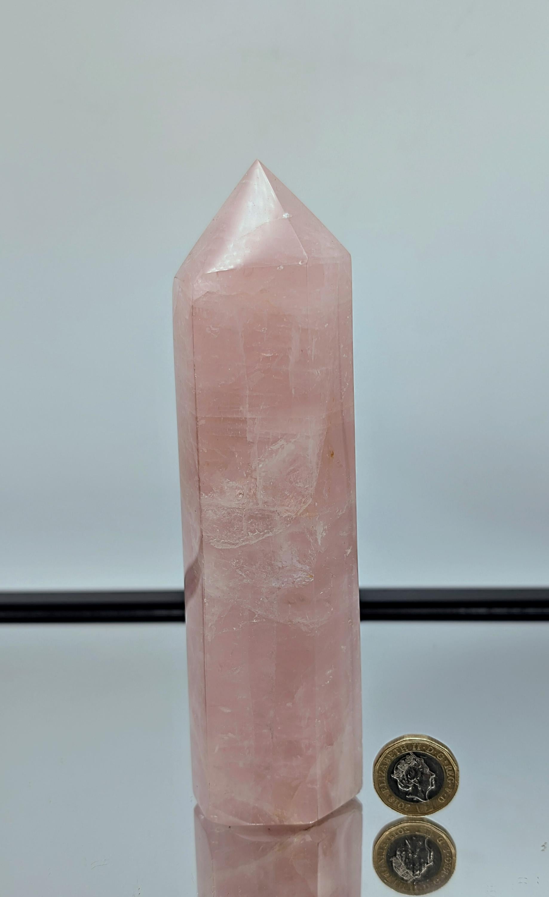 High-quality hand-carved large rose quartz prism, perfect for home or office décor.