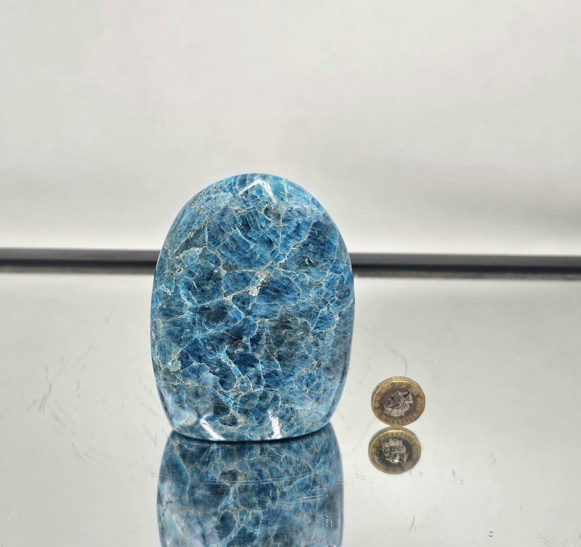 Polished large Apatite crystal with vivid blue tones, crafted in Madagascar.