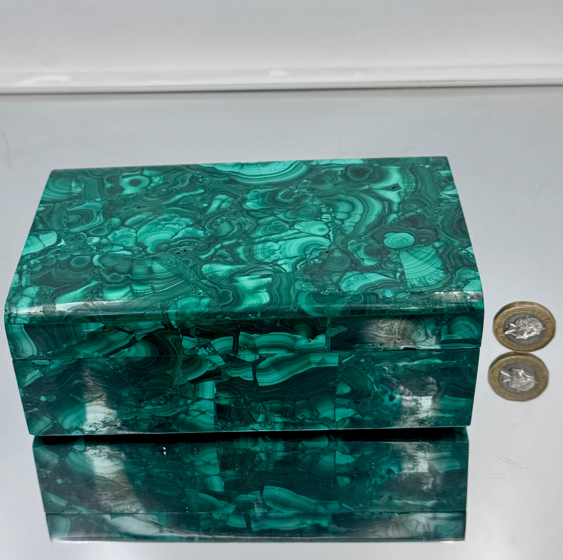 Premium malachite gemstone storage box with stunning green patterns