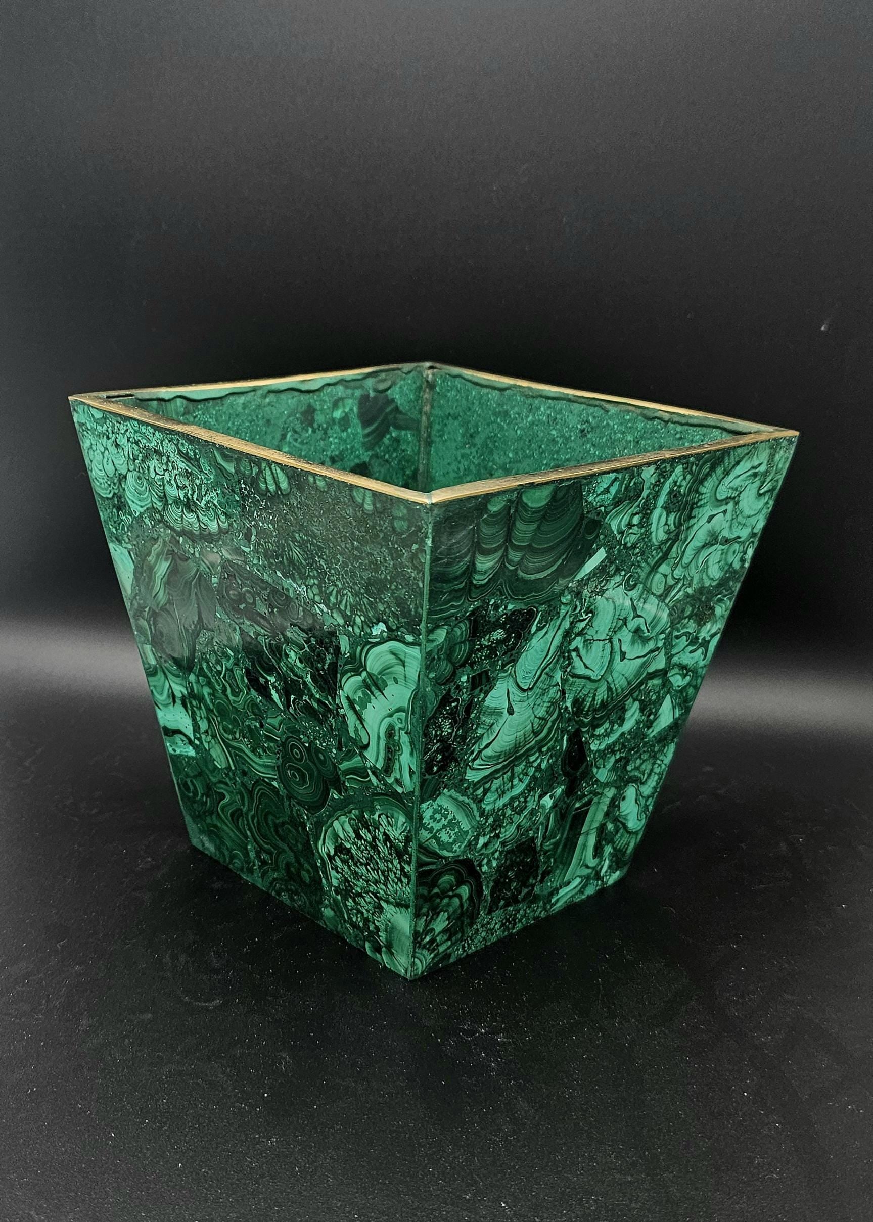 Malachite crystal flowerpot showcasing vibrant green patterns, ideal for modern home styling.