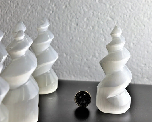 Selenite satin spar spiral crystal tower