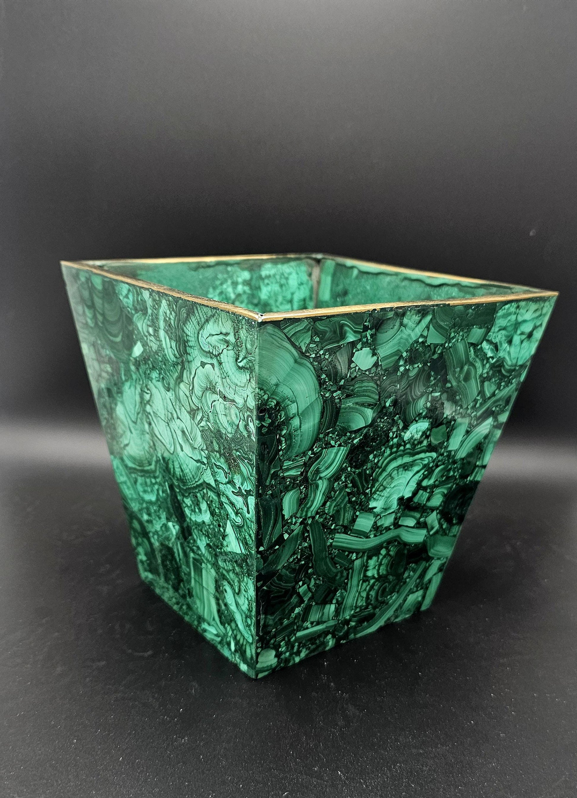 Natural malachite crystal planter with vivid green hues, ideal for enhancing any room's decor.