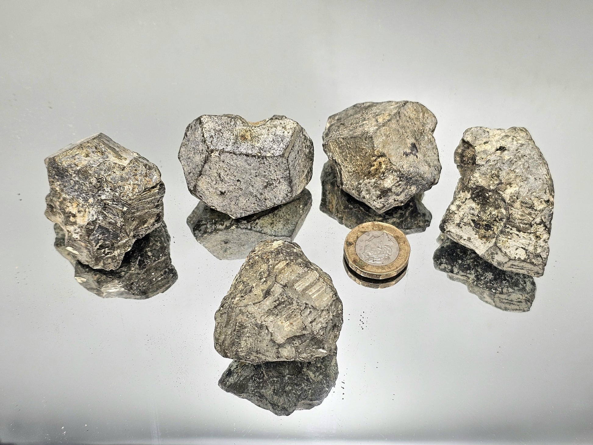 Large shiny Pyrite mineral fragments displaying a rich golden hue and cubic design.
