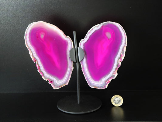 large pink agate butterfly wings crystal on stand