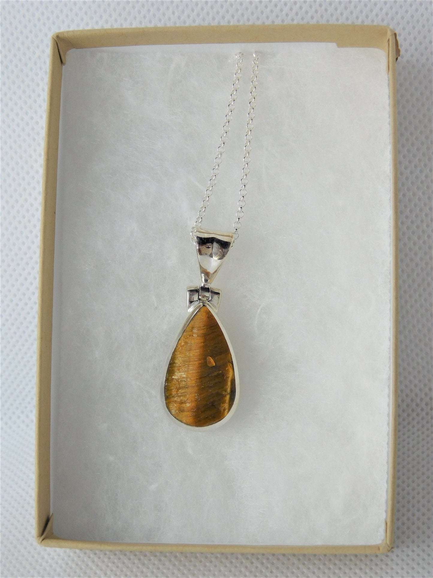 59e) 925 Silver Set Raw Tiger Eye Crystal Pendant + Silver Chain / Necklace