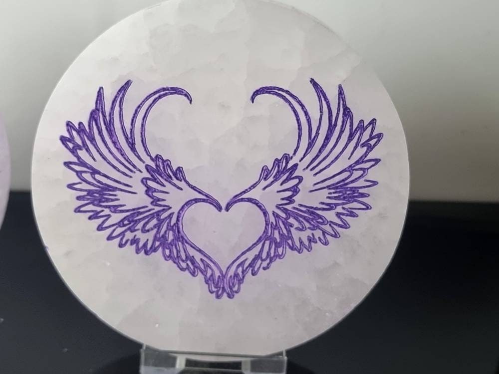 Selenite Crystal Purple Angel Wings Plate Disc Circle Round SAtin Spar